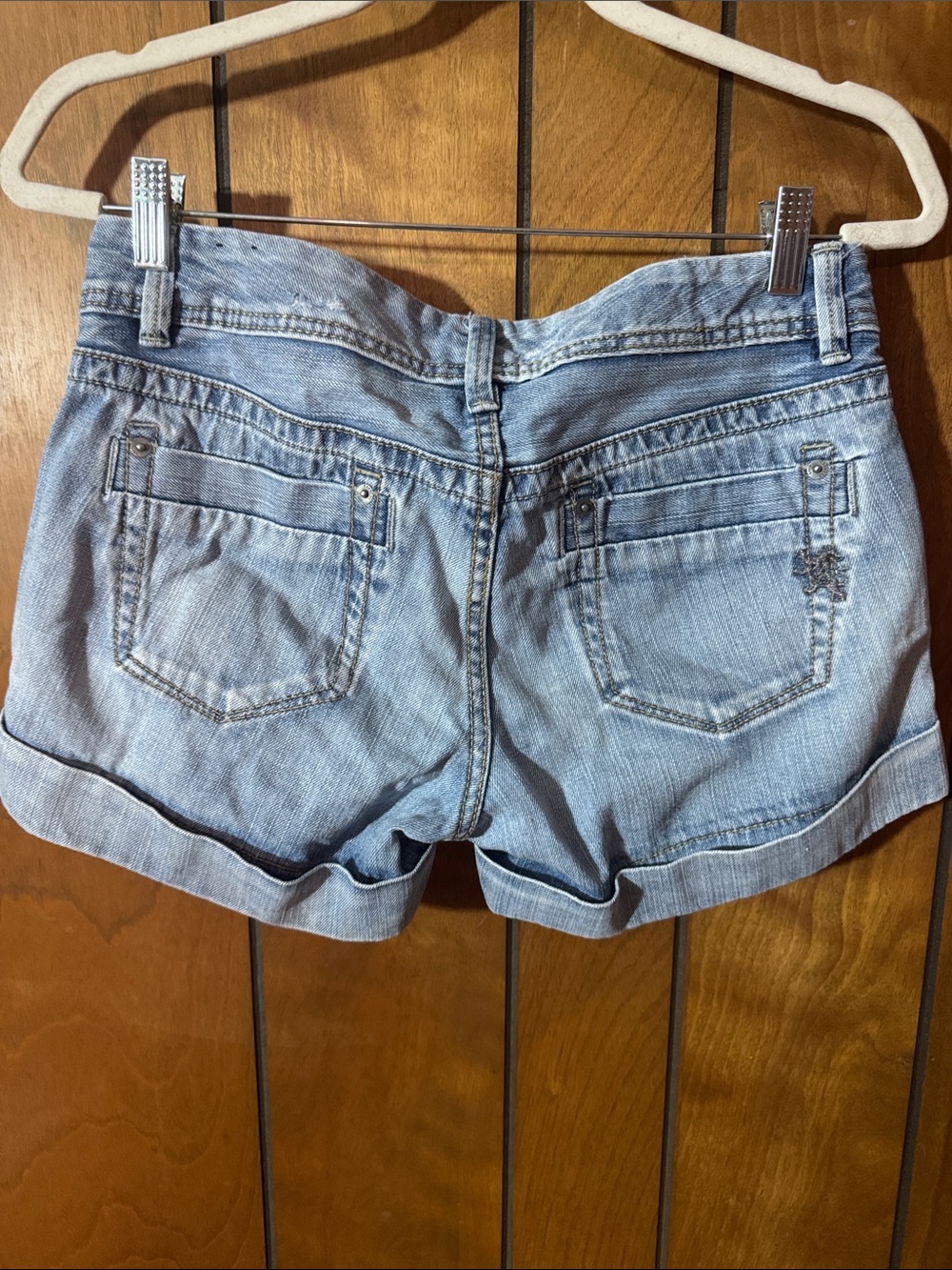 Express Faded Light Blue Distressed Denim Shorts - Picture 2 of 9